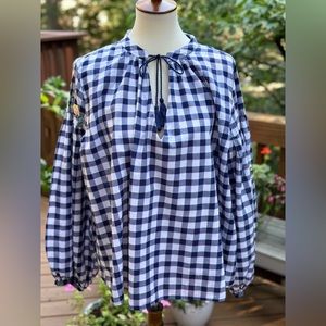 H&M Peasant Boho Embroidered Top Blue White Check Size 12